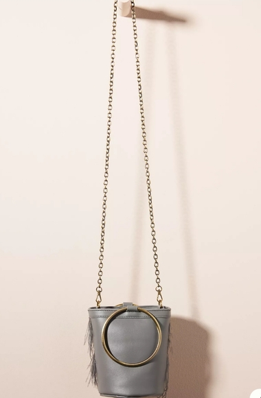 Anthropologie Bettie Feathered Ring Handle Clutch/Crossbody - grey